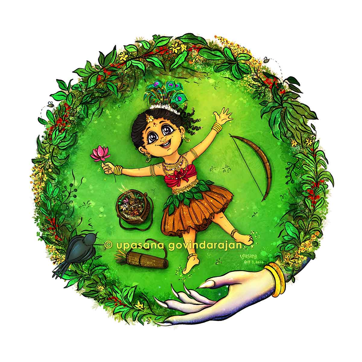 Illustration of Hindu goddess of Ahobilam, revered by South Indian hunter clan, imagined in child form, divine feminine linked to nature and earth.
