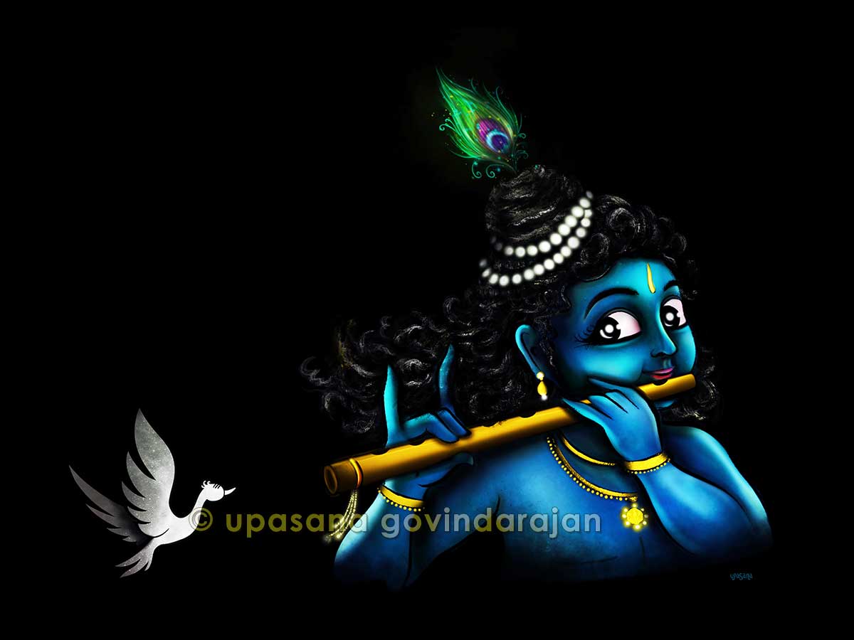 Illustration inspired by “Manasa Sancharare” by Sri Sadashiva Brahmendra, depicting young Krishna with peacock feather and flute on black background symbolizing transcendence. Art print for spiritual home decor.