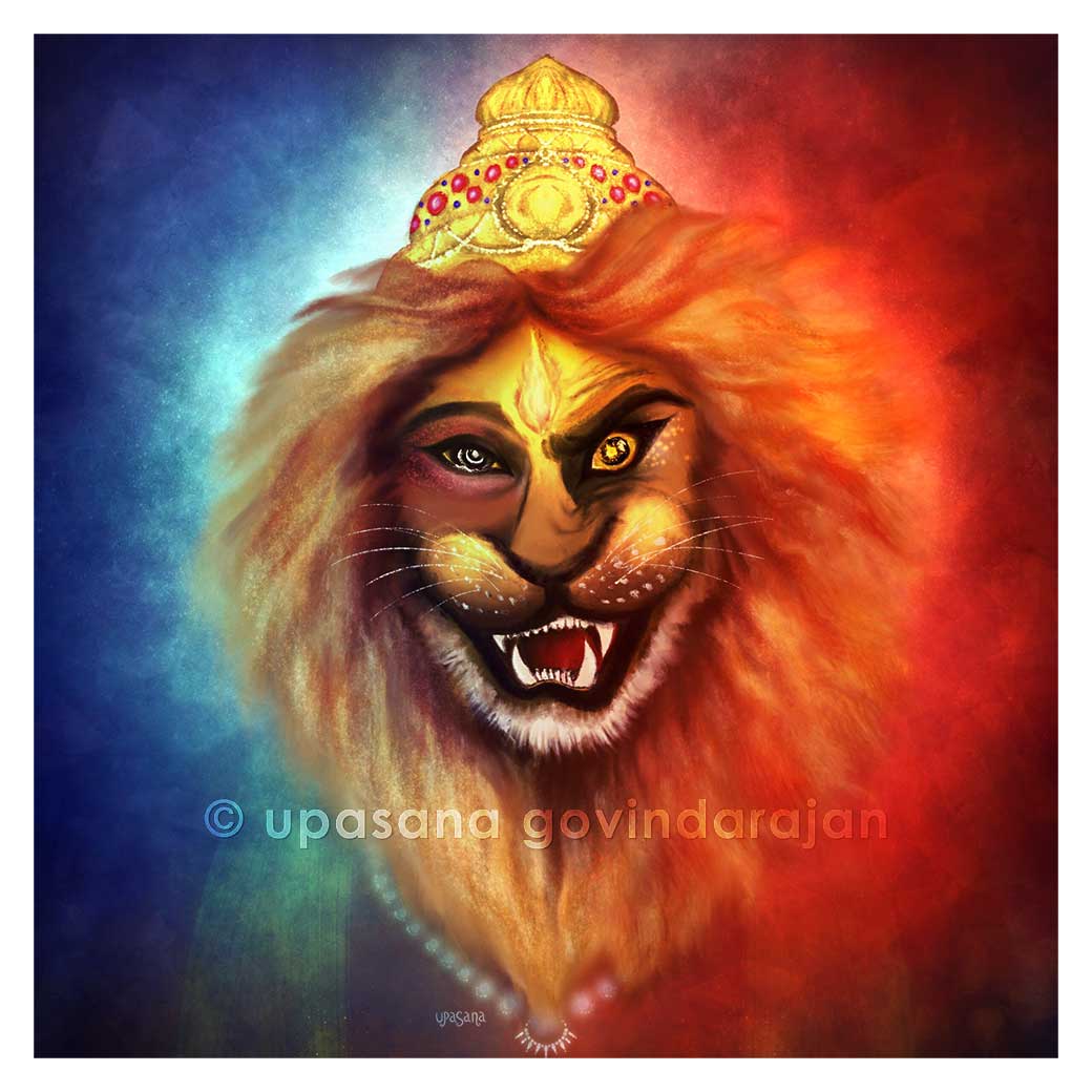 Devotional artwork depicting Narasimha, fierce lion incarnation of Vishnu, showing divine protection and compassion to Prahlada, inspired by Swami Vedanta Desika's Kamasikashtakam