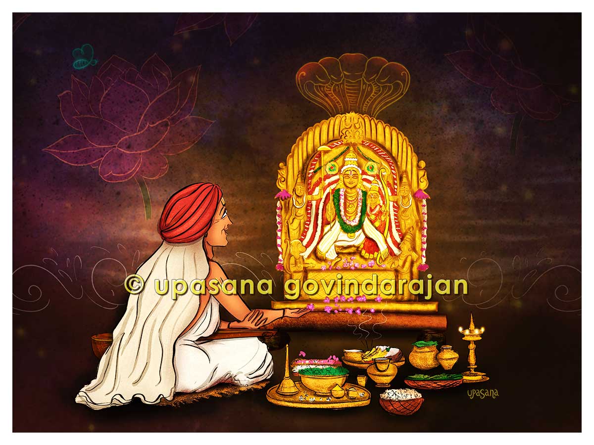 A colorful illustration featuring the Hindu god Rama, with a detailed and vibrant depiction of his idol, worshipped by Sri Tyagaraja