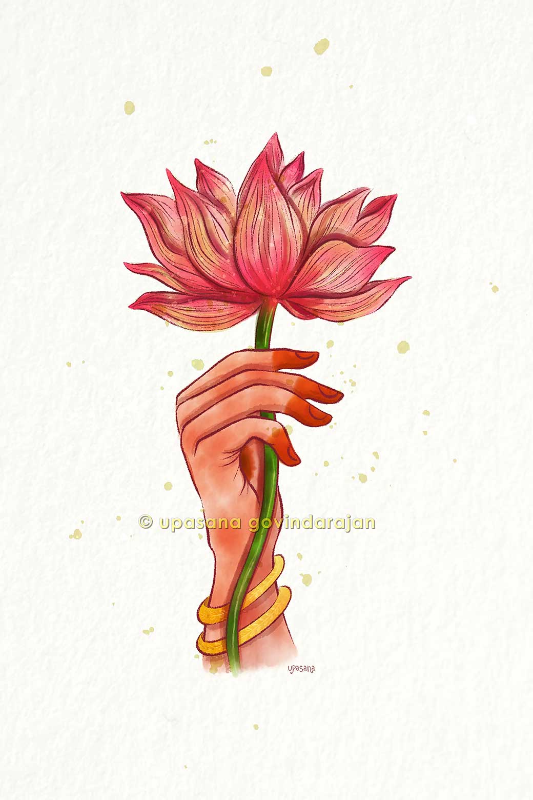 Hindu spiritual wall art print of Goddess Lakshmi’s hand holding a lotus, as described in the Vedas, symbolizing love and inner abundance