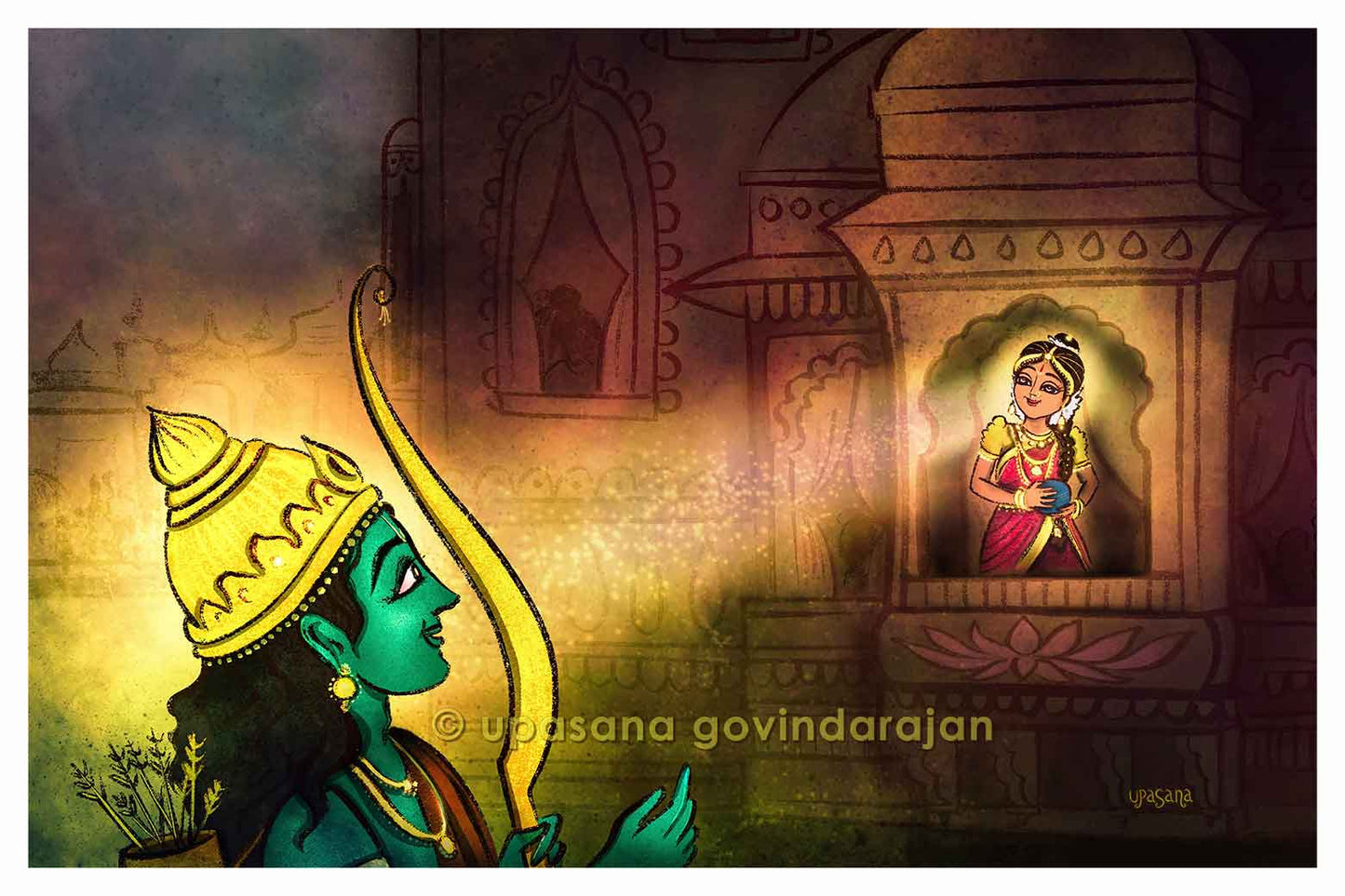 Artwork depicting a scene from the Ramayana: Rama meeting Sita at her palace in Mithila. Inspired by Yaro ivar Yaro by Arunachala Kavirayar.