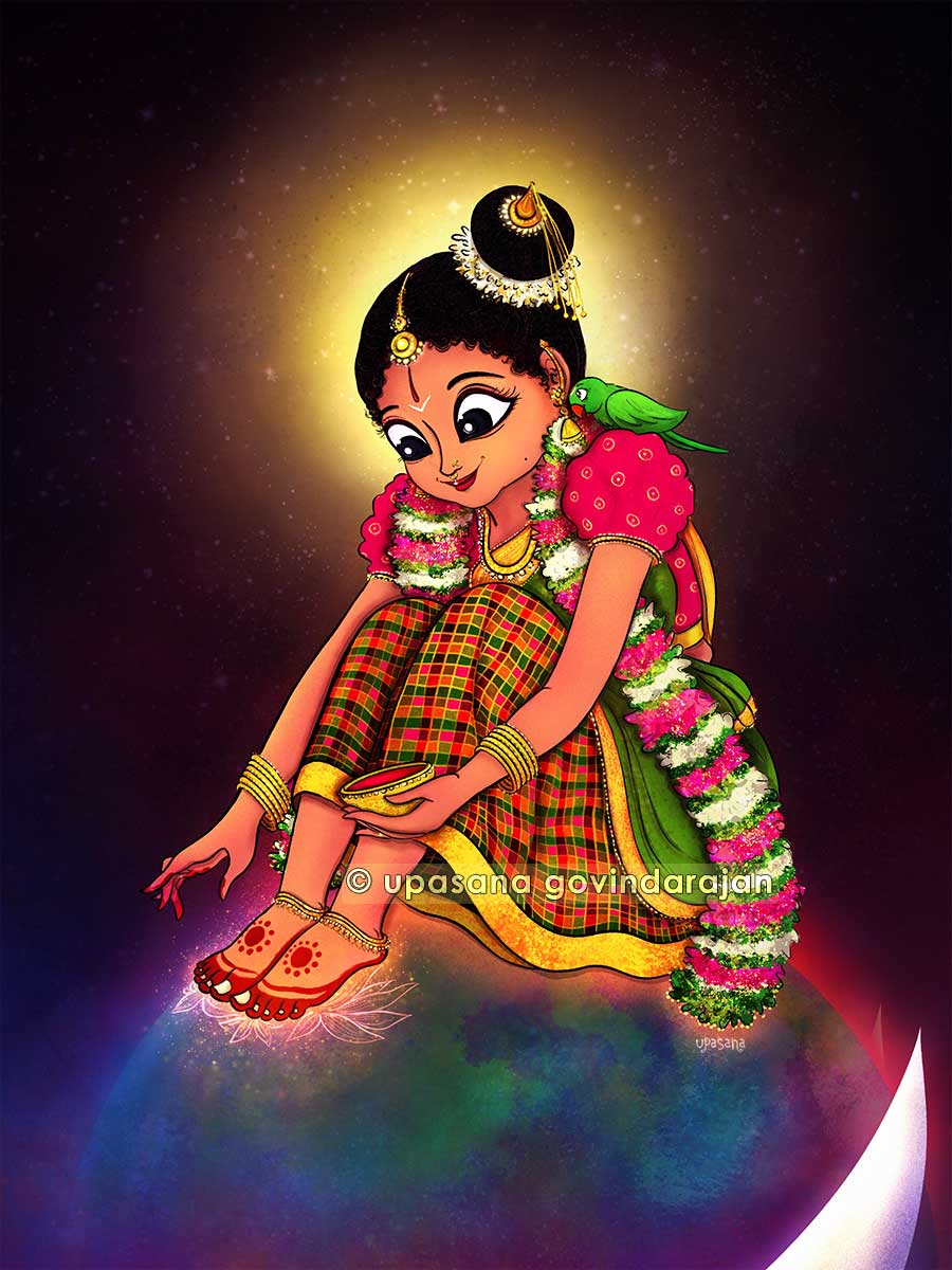 Colorful painting of Goddess Andal, inspired by poetic description from Amuktamalyada composed by poet-king Krishnadevaraya. 
