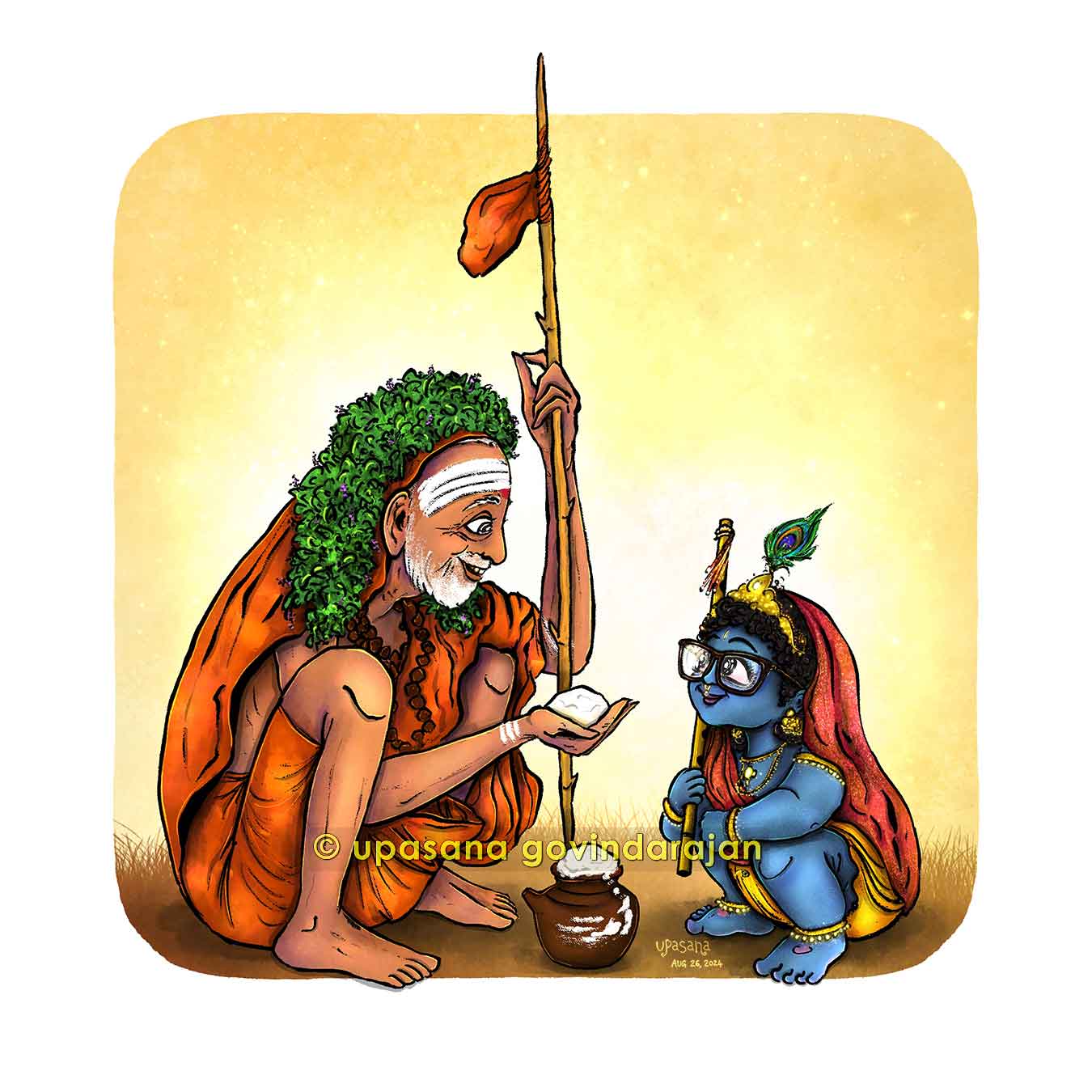 Hindu spiritual art, a painting of Kanchi Paramacharya (Mahaperiyava) with Lord Krishna, a heartfelt tribute to guru and divine love.
